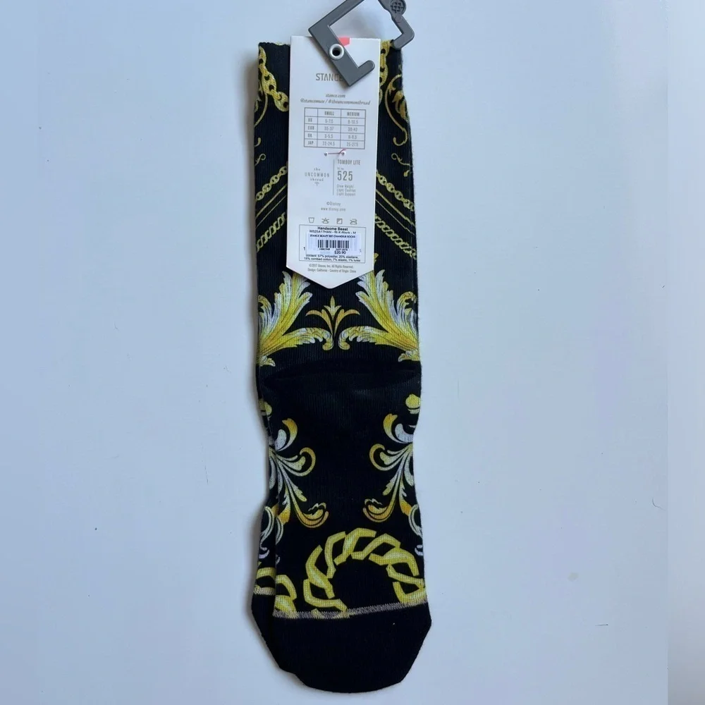 NWT DISNEY Stance Black and Gold Baroque Crew Socks beauty and the beast